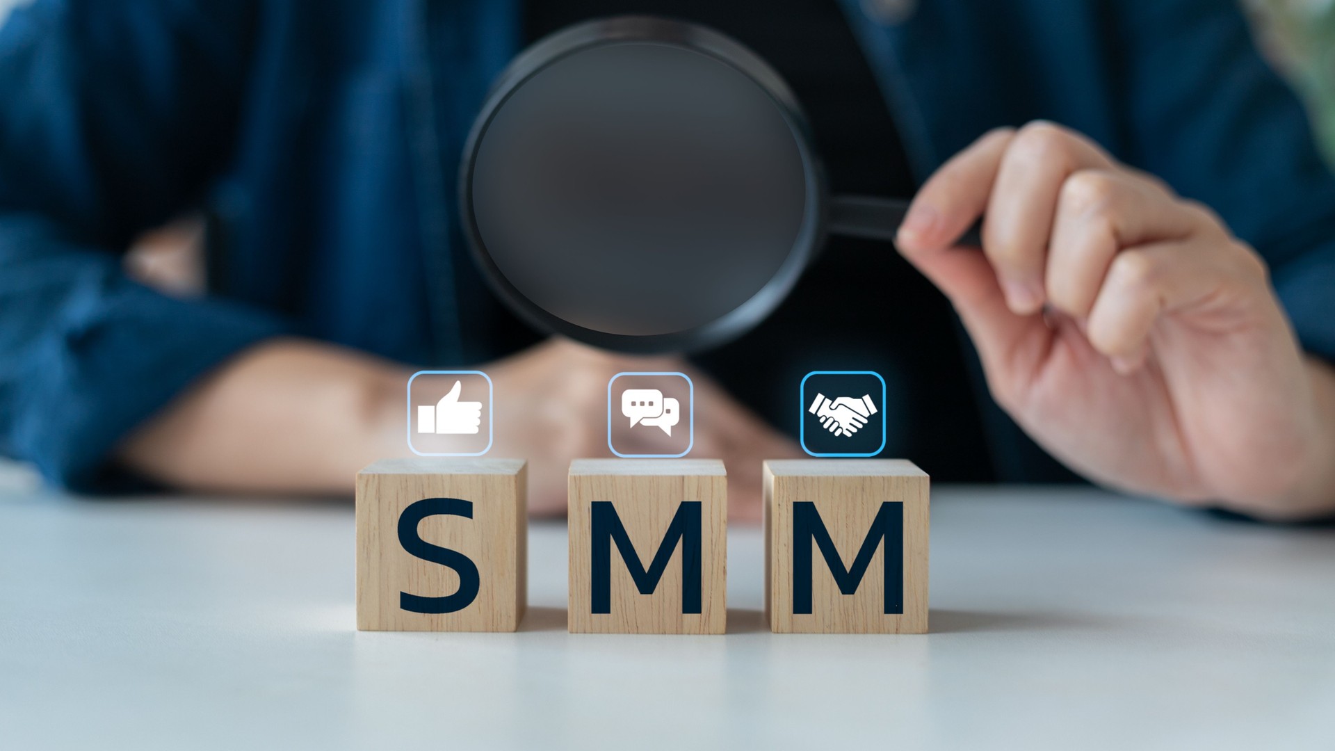 Social media marketing (SMM) concept with digital icons, communication, and online branding strategy. Business promotion and customer engagement in digital era.